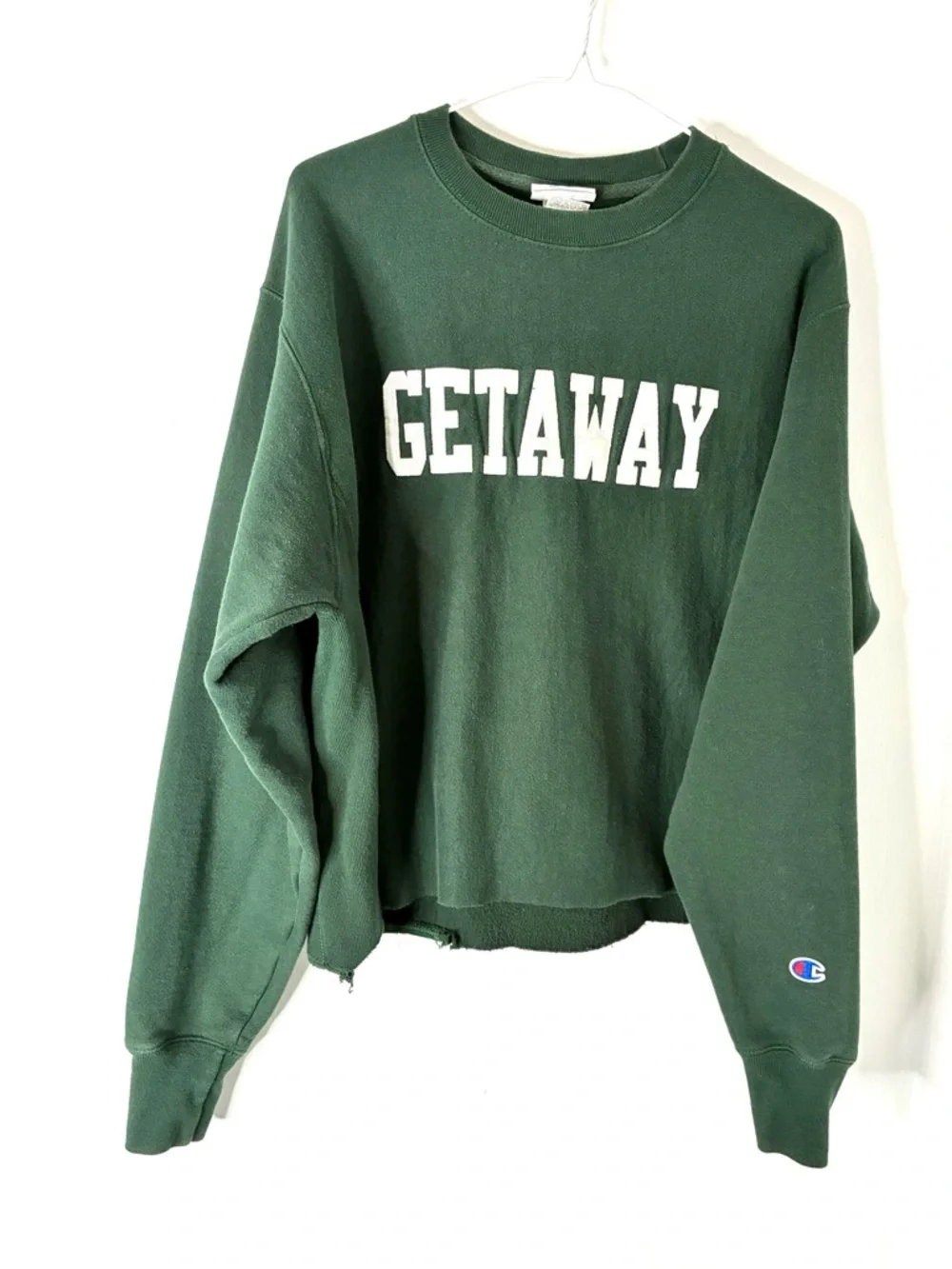 Champion Reverse Weave Green Getaway Crop Oversized Sweatshirt Logo Patchwork - Picture 1 of 9